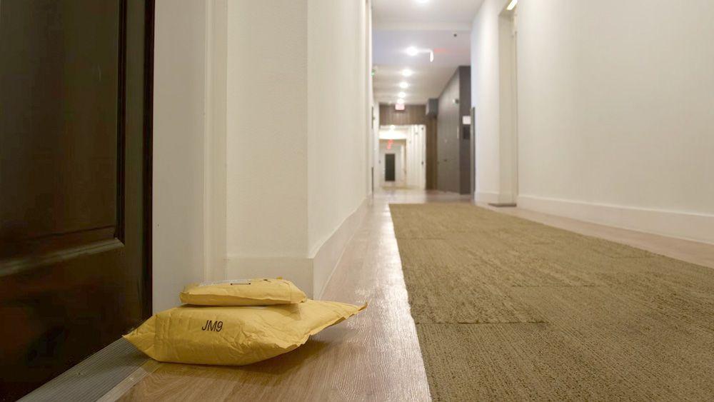Two packages sitting next to an apartment door in a residential building